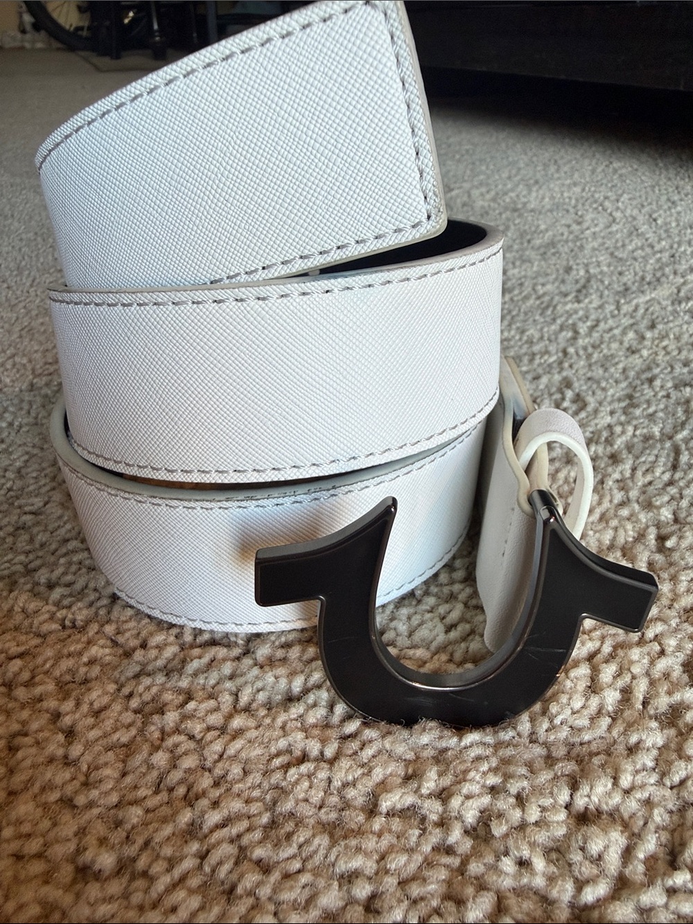 True Religion White Leather Belt with Black Horseshoe Buckle